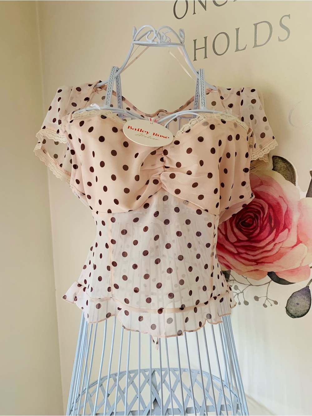 Bailey Rose Polka Dot Blouse Blush Pink Size Large Feminine Retro Coquette